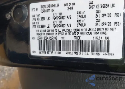 2004 Dodge Ram 1500 Slt/Laramie из США, поврежденный, VIN 1D7HU18D04J217185